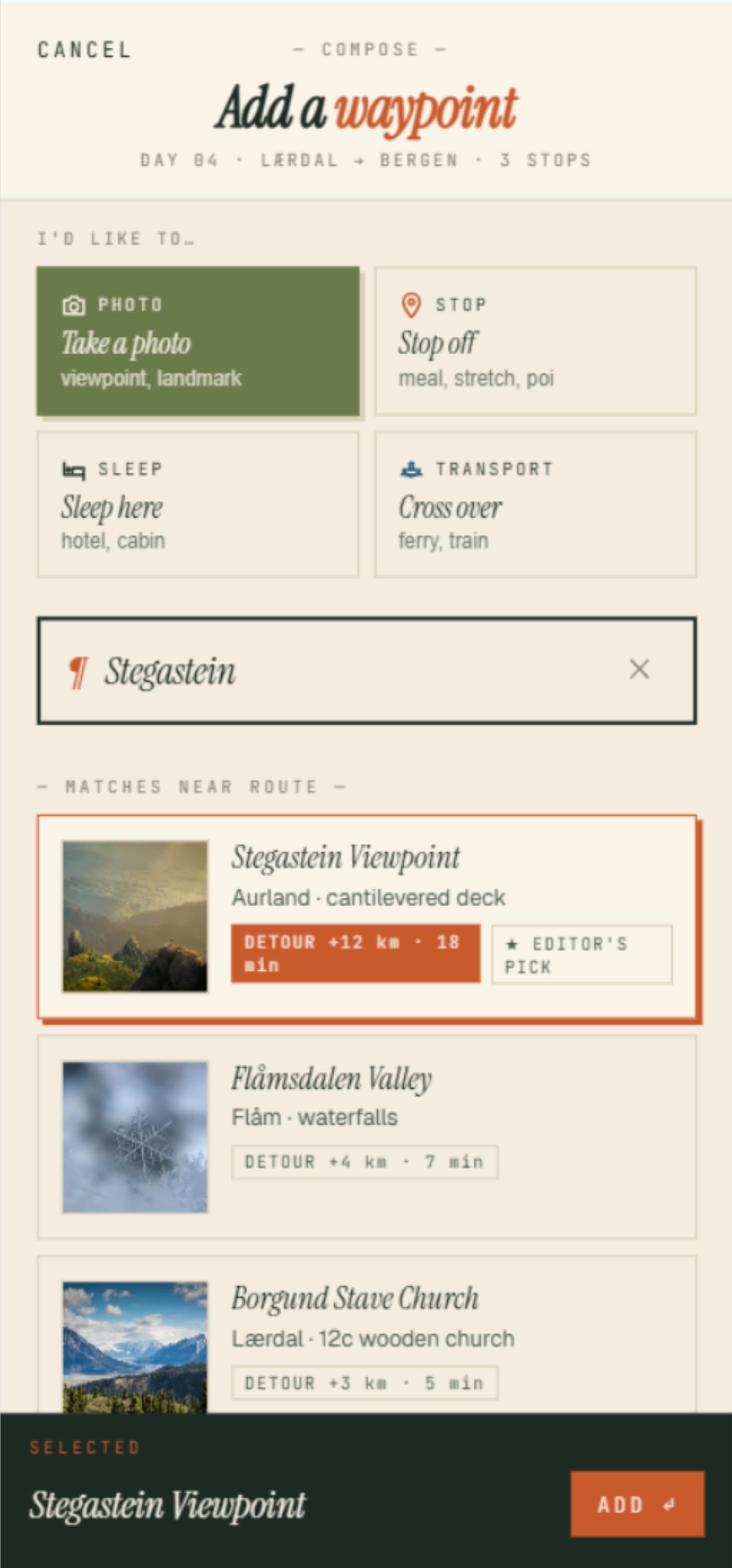 Trippable mobile — add stop (bold)