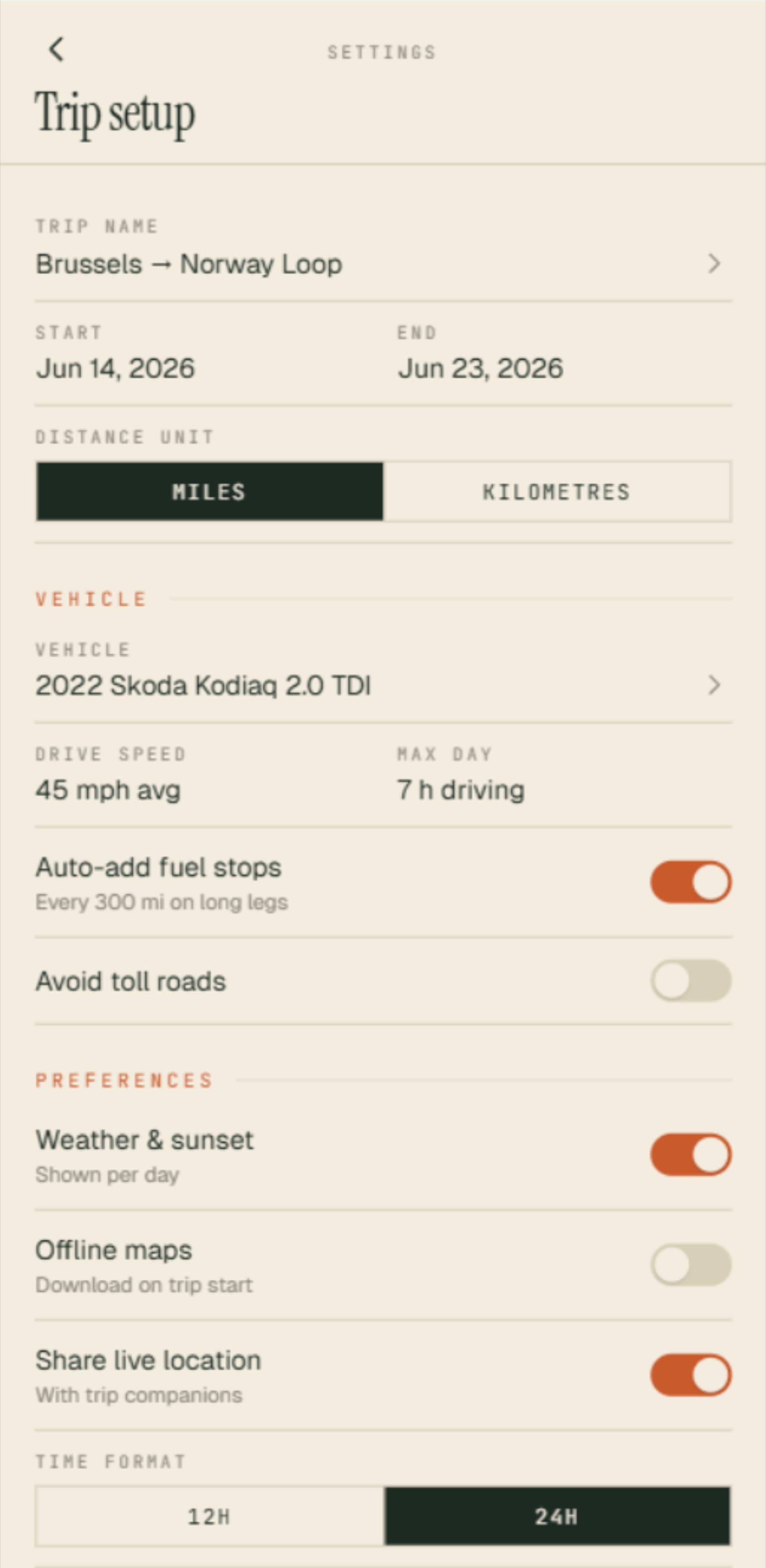 Trippable mobile — trip settings