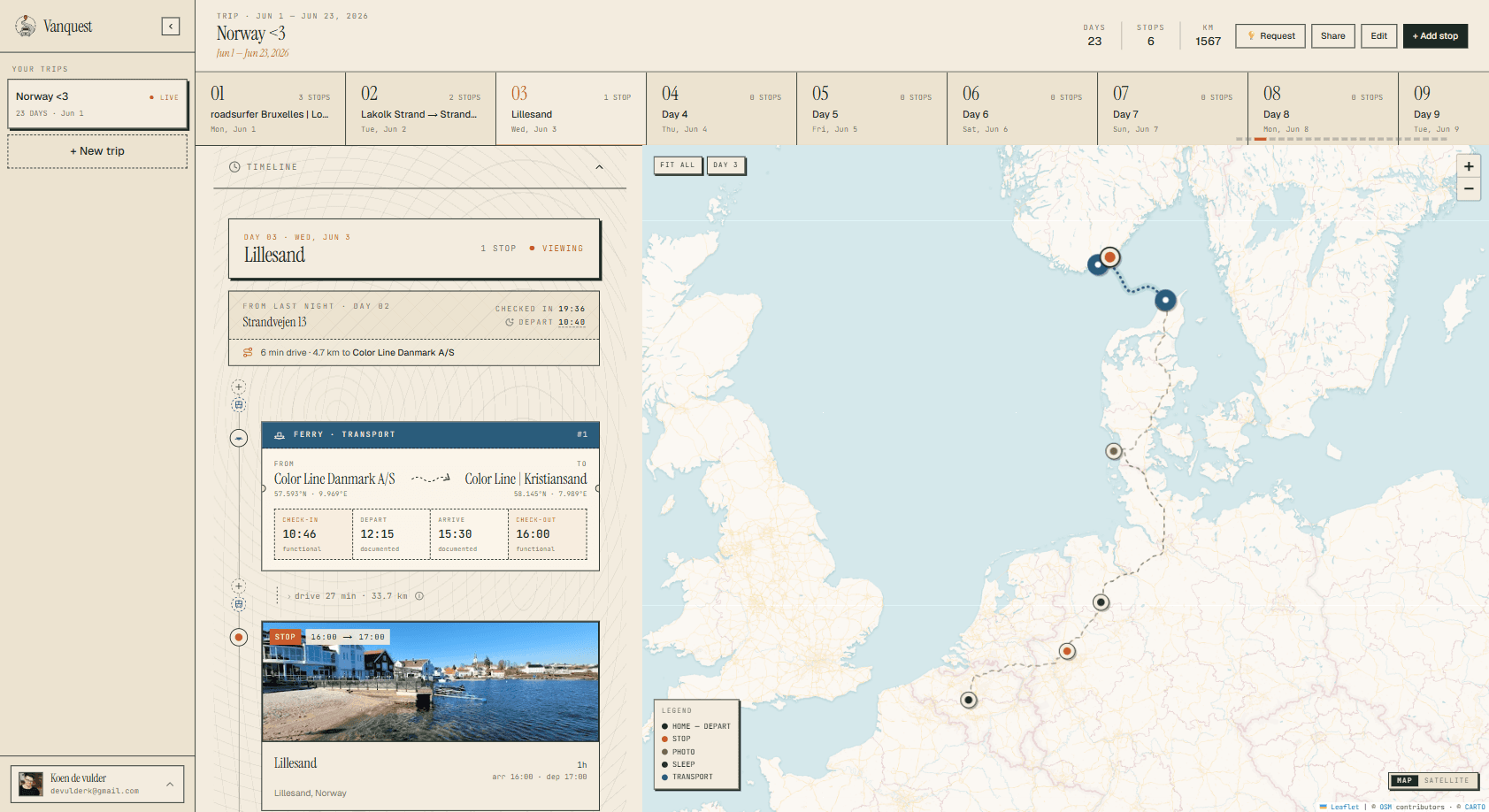 Trippable web app — trip timeline next to the live route map